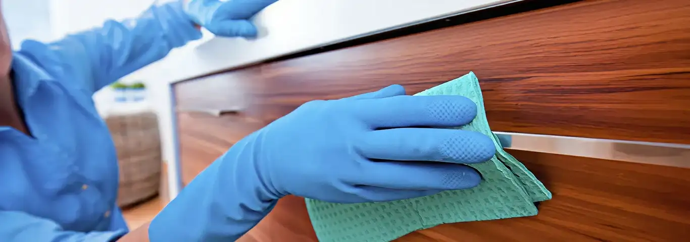 Cleaner wearing blue gloves wiping a wooden cabinet drawer with a microfiber cloth for dust and grime removal, Green Bay, WI.