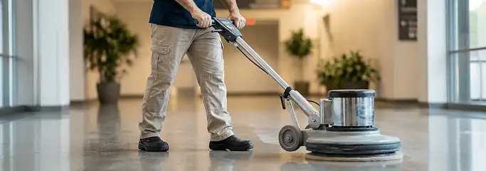 Professional technician using an industrial floor buffer to polish and maintain shiny commercial flooring in a corporate hallway in Green Bay, WI.
