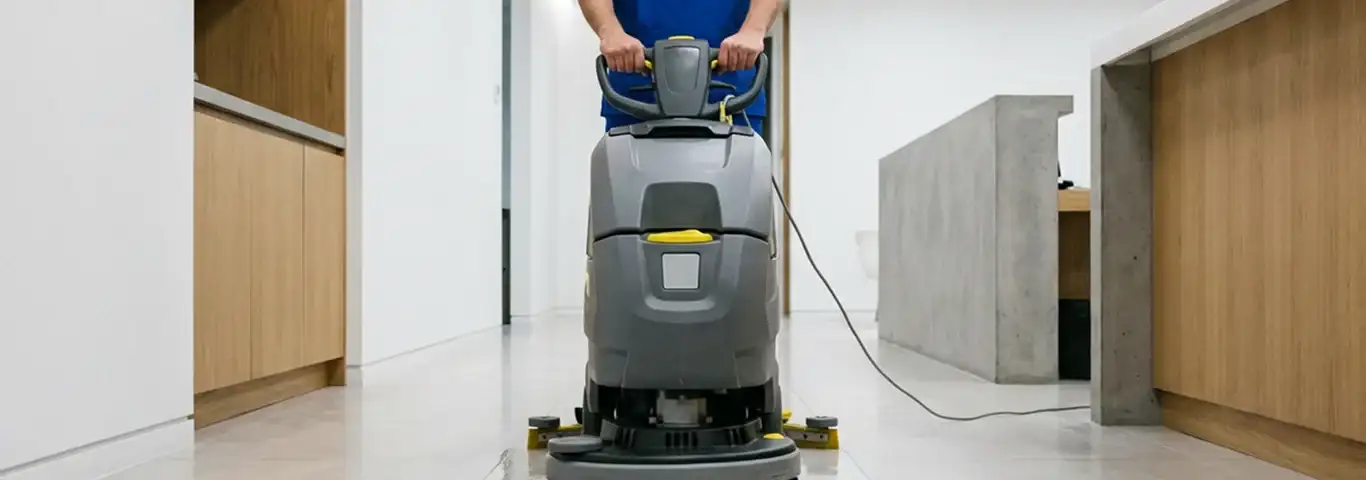 Janitorial staff using a floor scrubber machine to clean a commercial hallway, Green Bay, WI.