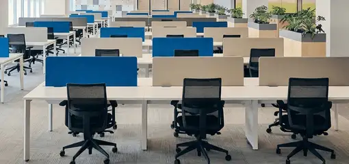 Modern open-plan office space featuring clean workstations, ergonomic chairs, and sanitized carpets provided by professional office cleaning services in Green Bay, WI.