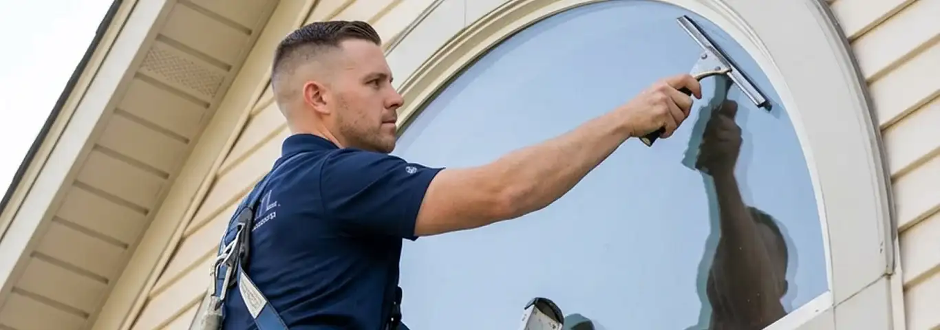 Professional window cleaner using a squeegee to clean an exterior arched window on a home, Green Bay, WI.