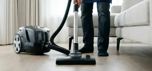 Professional house cleaner vacuuming a living room floor with a canister vacuum cleaner, Green Bay, WI.