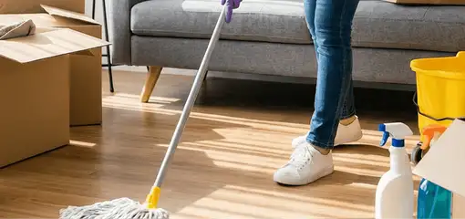 Move-out cleaning setup with a cleaner mopping hardwood floors near moving boxes and cleaning supplies, Green Bay, WI.