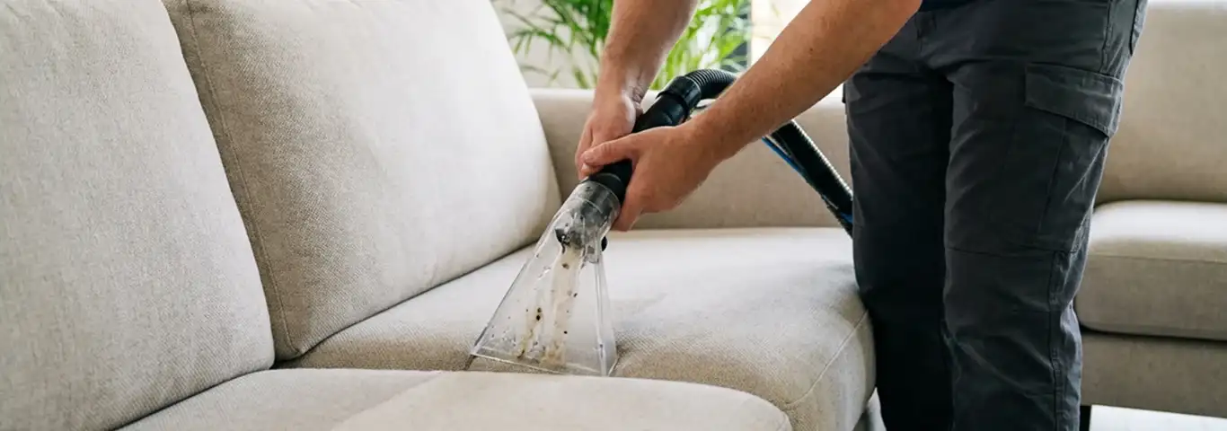 Technician extracting dirt and moisture from a fabric sofa with an upholstery cleaning wand, Green Bay, WI.