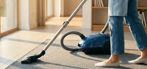 Person vacuuming a living room rug with a canister vacuum cleaner near large windows, Green Bay, WI.